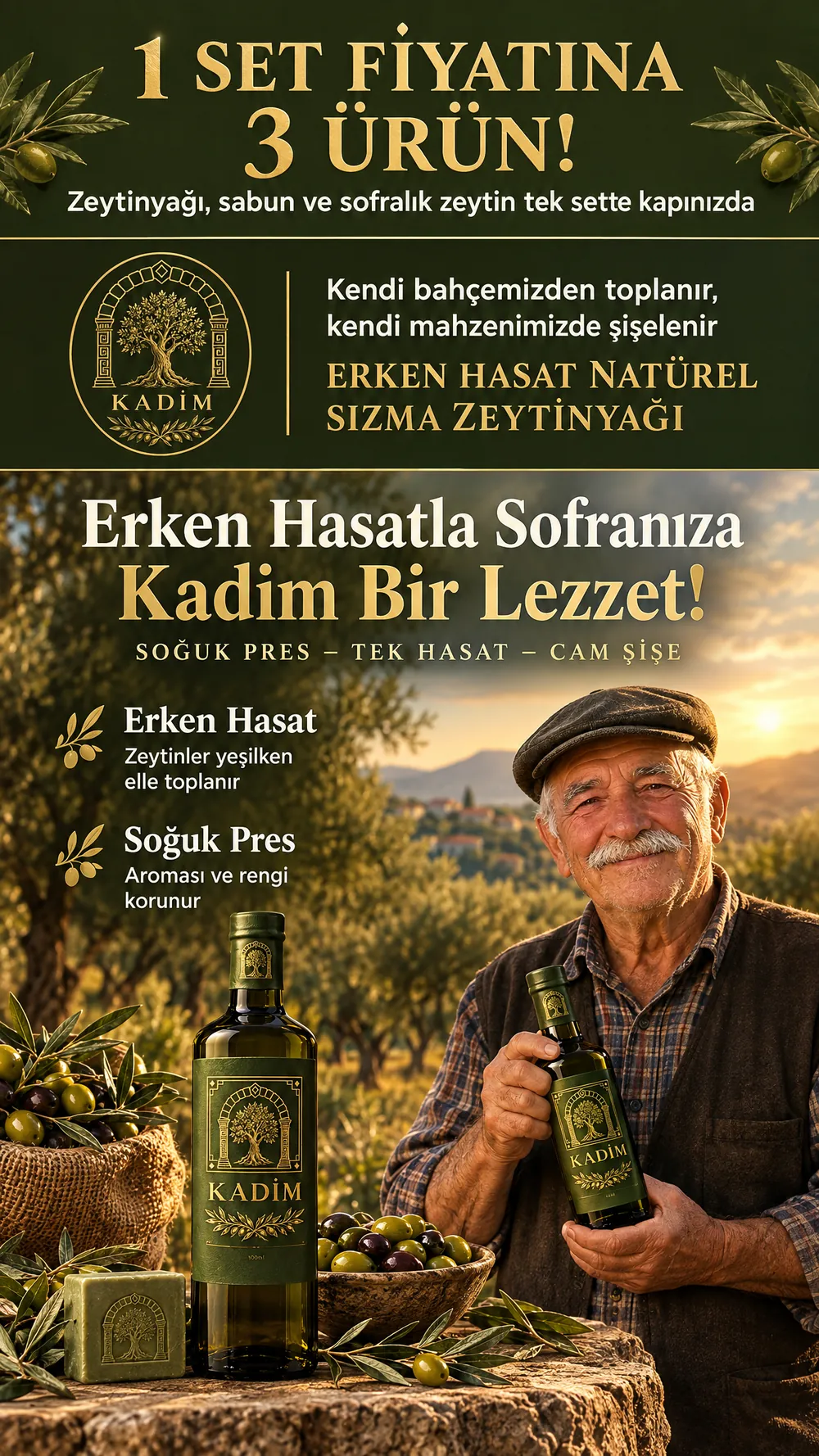1 set fiyatına 3 ürün. Erken hasatla sofranıza kadim bir lezzet. Soğuk pres, tek hasat, cam şişe.