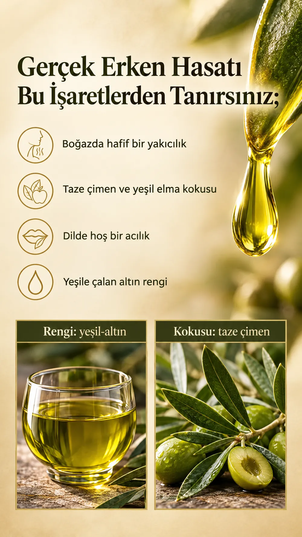 Gerçek erken hasatı bu işaretlerden tanırsınız: boğazda hafif yakıcılık, taze çimen kokusu, dilde hoş acılık, yeşile çalan altın rengi.