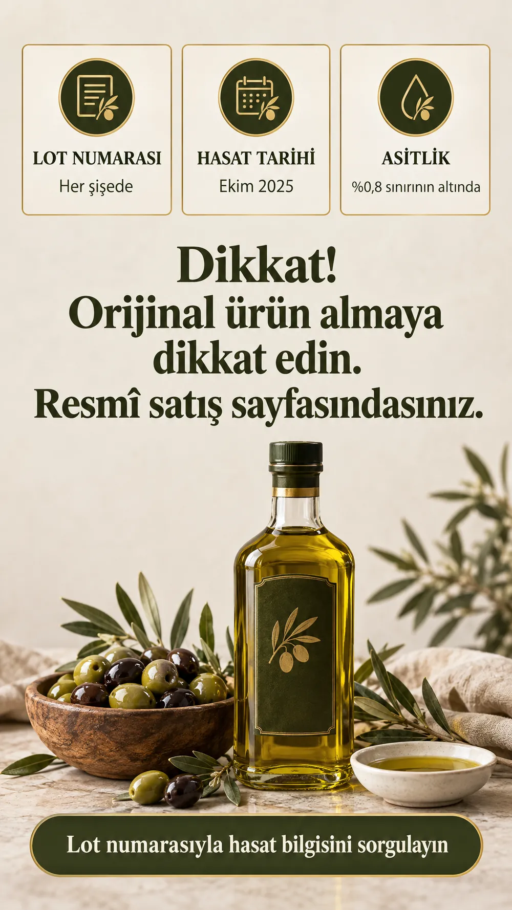 Lot numarası her şişede, hasat Ekim 2025. Dikkat, orijinal ürün almaya dikkat edin; resmî satış sayfasındasınız.