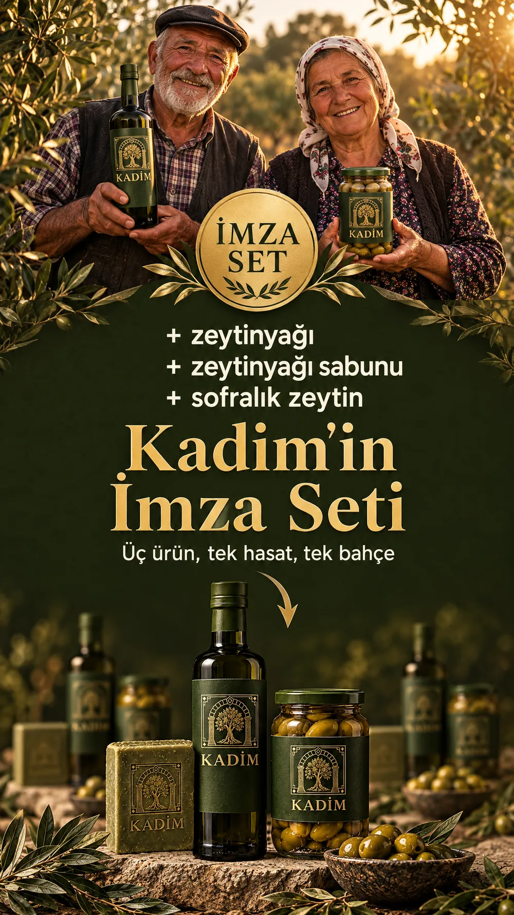 İmza set: zeytinyağı, zeytinyağı sabunu ve sofralık zeytin. Üç ürün, tek hasat, tek bahçe.