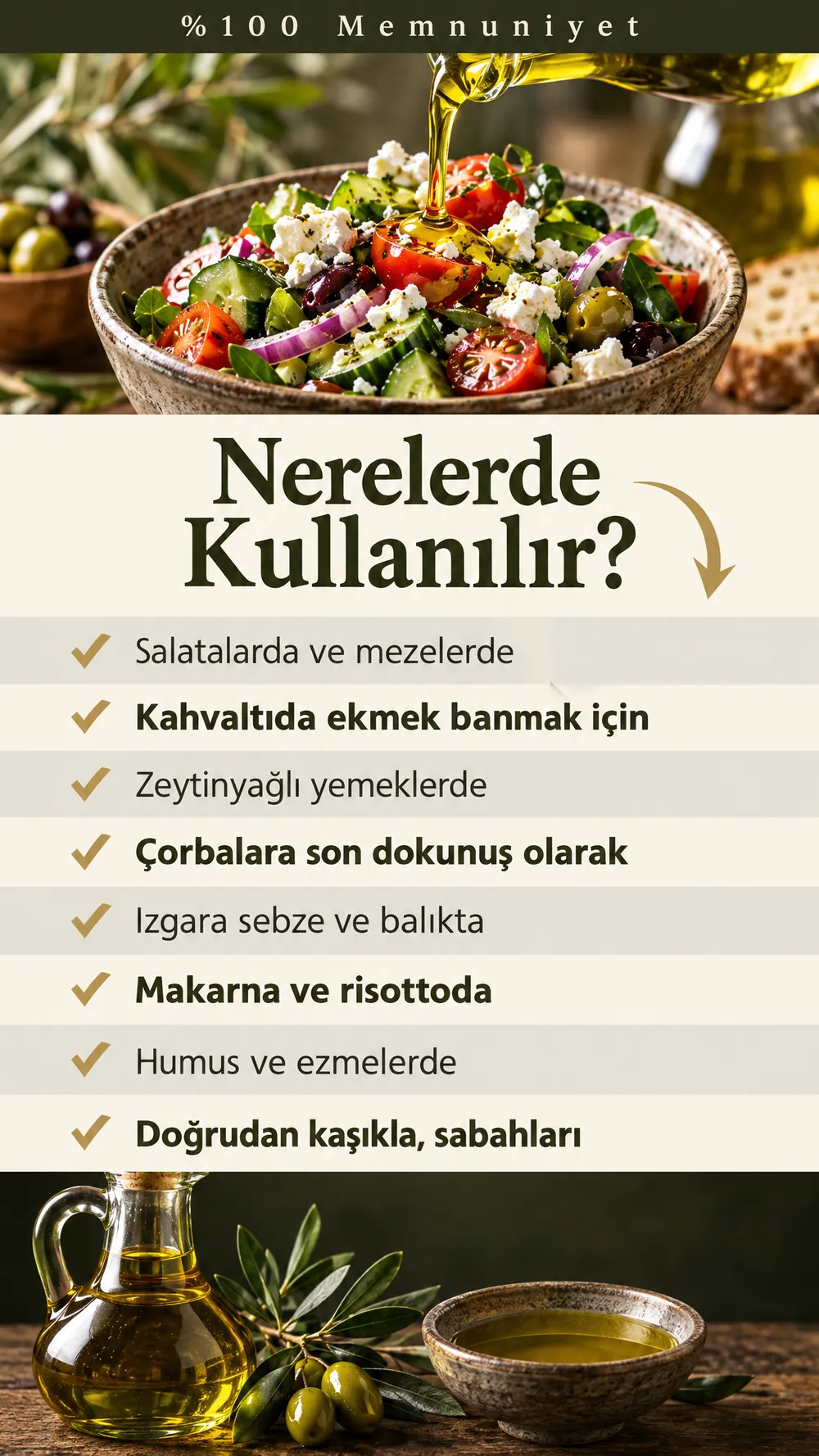 Yüzde yüz memnuniyet. Nerelerde kullanılır: salatalarda, kahvaltıda, zeytinyağlılarda, çorbalarda, ızgarada, makarnada, humusta.