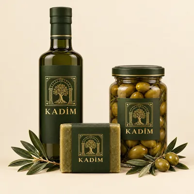 1 zeytinyağı, 1 zeytinyağı sabunu ve 1 sofralık zeytinden oluşan Kadim set